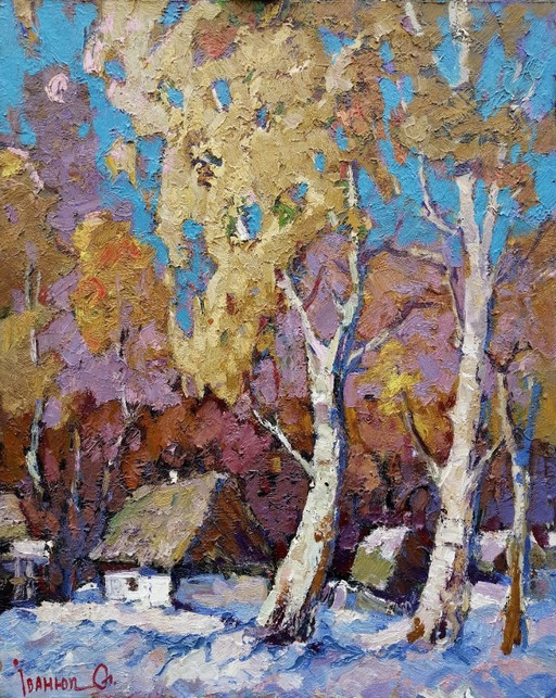 Pintura al Óleo Original Paisaje Rural Casa Pueblo Campo Invierno Primera Nieve