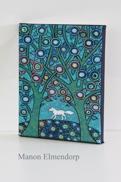 Cuadro único de un pequeño zorro ártico pintado a mano. Nuevo. 18x24 cm.