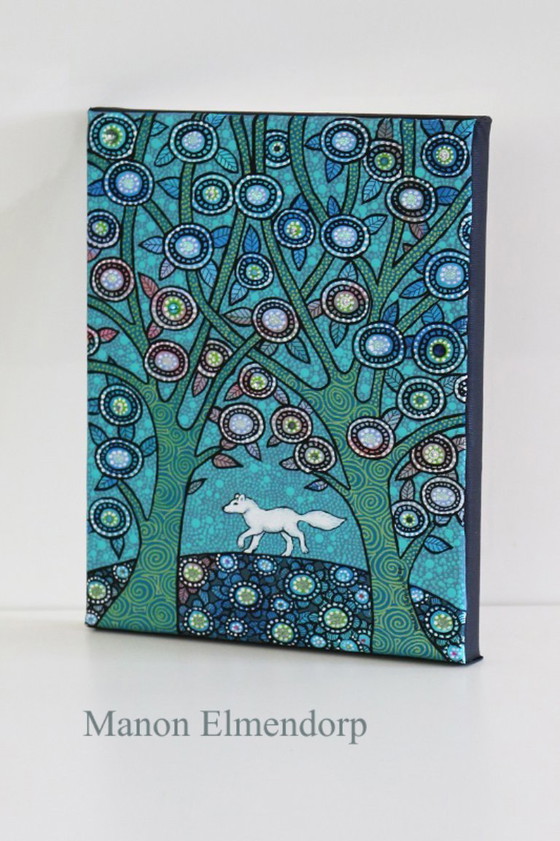 Image 1 of Cuadro único de un pequeño zorro ártico pintado a mano. Nuevo. 18x24 cm.