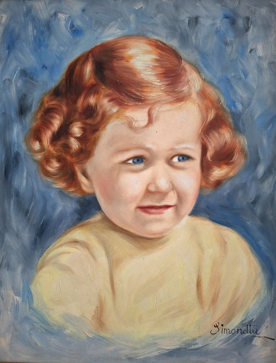 Image 1 of Dipinto ad olio su tavola, firmato, con ritratto di una ragazza dai capelli rossi – Decorazione d'epoca 1940-1950