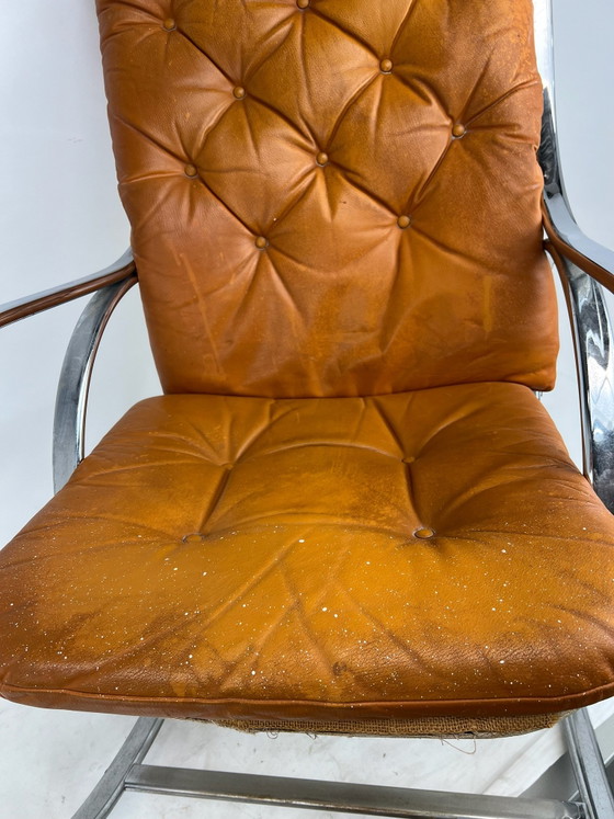 Mid Century Modern Milo Baughman Style Chrome Thonet Rocking Chair Rocker, Leather, Textile, Brown (photo 3 of 7)