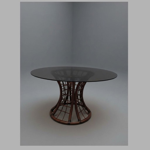 Table de salle à manger vintage en rotin avec verre fumé, années 1970