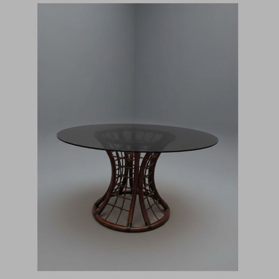 Image 1 of Table de salle à manger vintage en rotin avec verre fumé, années 1970
