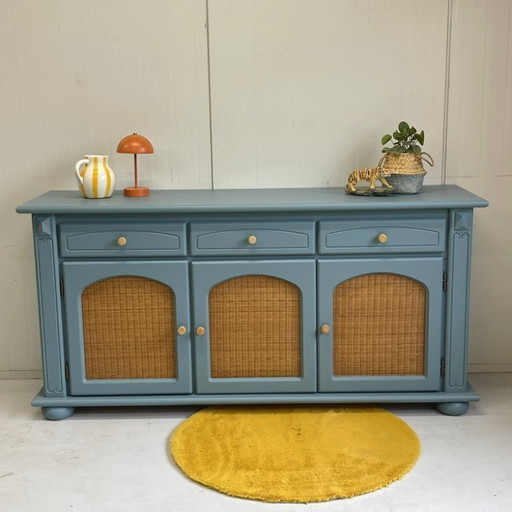 Restyle buffet bleu & portes en rotin commode unique