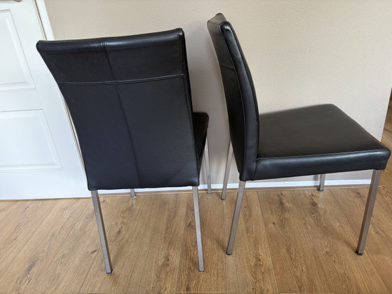 Image 1 of 6 sedie da pranzo in pelle nera con gambe in acciaio inossidabile