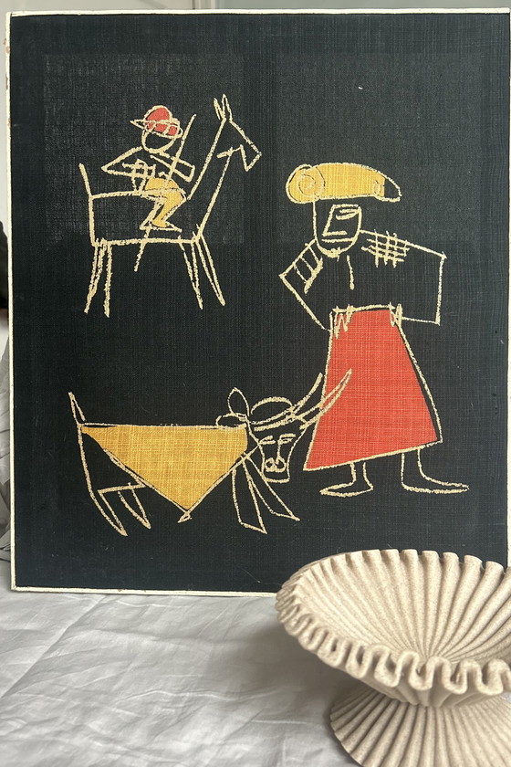 Image 1 of Wandkleed in houten lijst,  vintage, uniek, textielkunstwerk primitieve gestileerde figuren ruiter stief matador boorduurwerk 