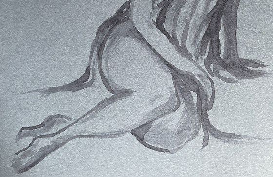 Image 1 of Aquarelle Monochrome sur Papier Denim - Portrait Féminin