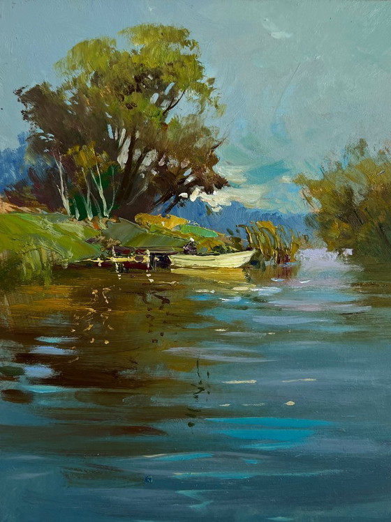 Image 1 of Original Oil Painting Summer River Landscape Boat ride on the river