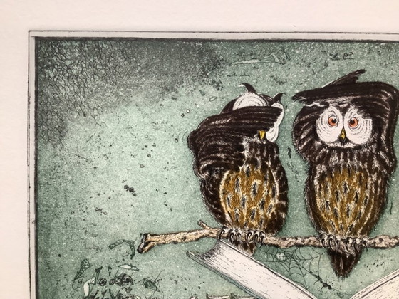 Image 1 of Colored etching in a beautiful frame. Hear, see, and be silent.