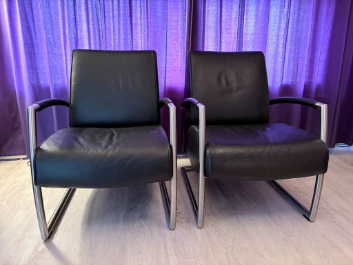 2 fauteuils Bree's New World en cuir noir et acier inoxydable – Leather, rvs