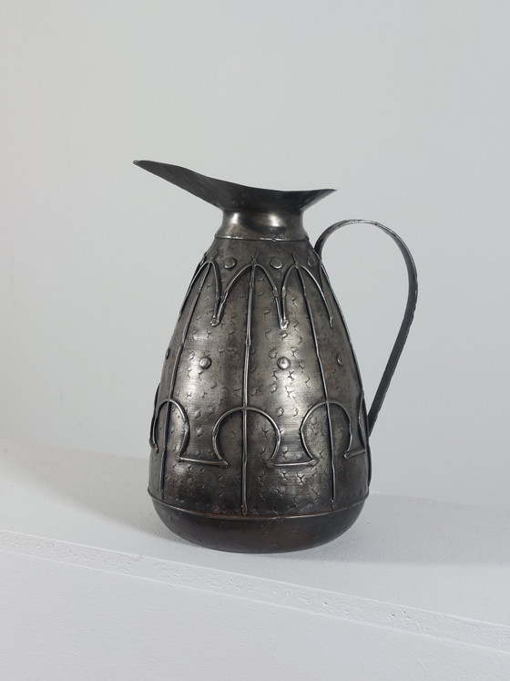 Image 1 of Hand-forged arts and crafts metal jug, carafe, vase, Brutalist style, France