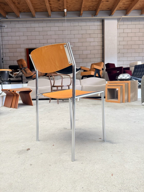 Chaise empilable vintage Gijs van der Sluis (stock: 13), Chaises de salle à manger, Bois, Chrome, Marron (photo 10 sur 15)