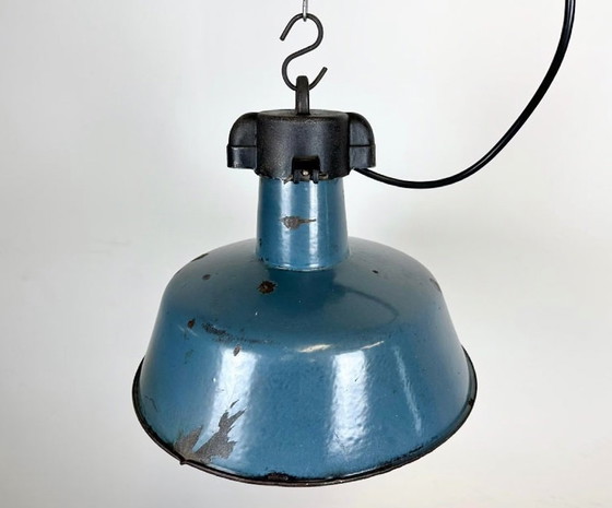 Image 1 of Industrial Blue Enamel Factory Lamp with Cast Iron Top, 1960s