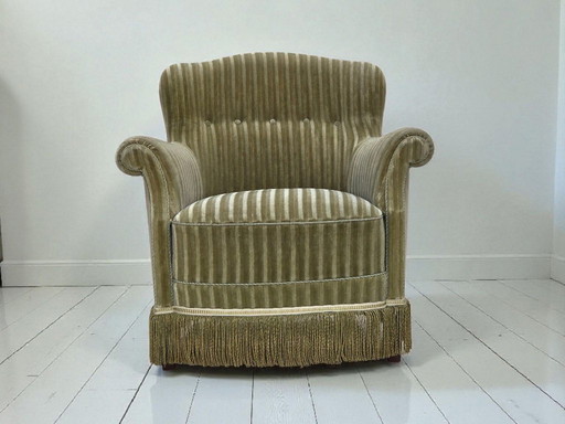 1960s, Danish armchair, original striped furniture velour, beech wood legs.