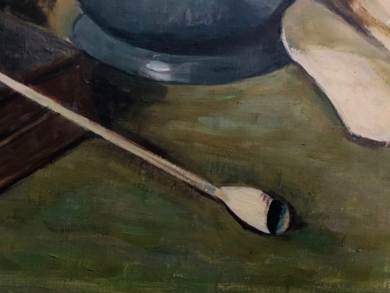 Image 1 of Peinture unique signée représentant une pipe, un verre à vin, un livre et une cruche en étain. Signé H. van Leeuwen