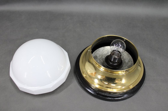 Image 1 of Secessie messing en glazen tafellamp uit 1920, Tsjecho-Slowakije