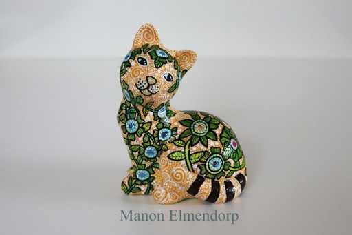Original Handpainted Beed Cat with Flowers New Art