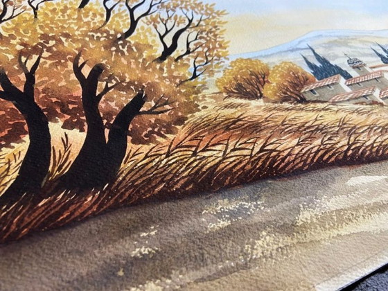 Image 1 of Watercolor Village of Provence Art France Painting Framed Signed Cardi ?? Artwork