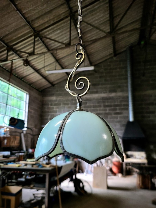 Lampada a sospensione floreale blu/verde in pâte de verre art nouveau