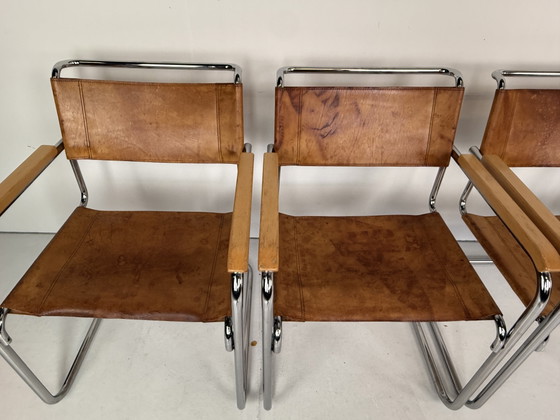 Image 1 of 6 x Thonet S34 tubular frame chairs cognac leather