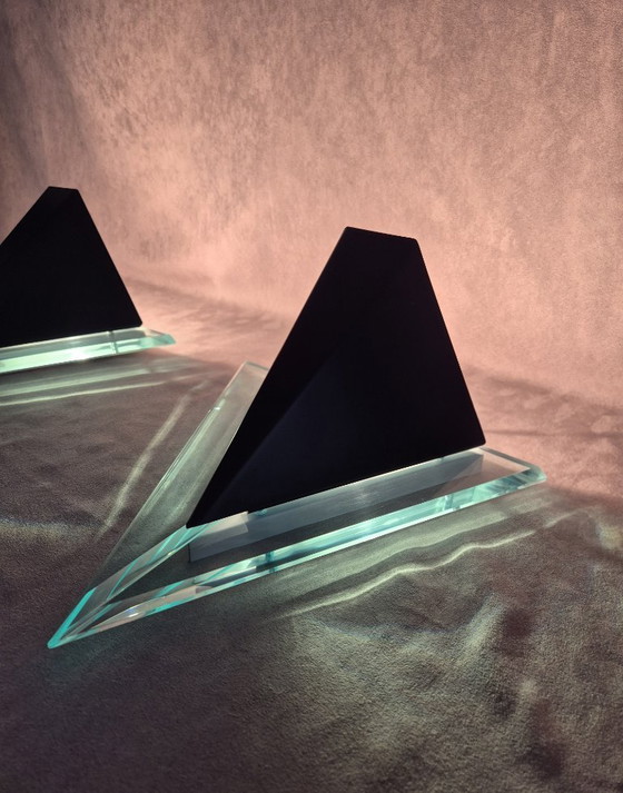Image 1 of Postmodern Lucite Wall Lamps (80s/90s) — Sculptural Geometric Design, Ambient Uplight & Turquoise Glow, E27, Set of 2