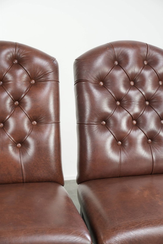 2x cognac kleurige vintage rundleren chesterfield eetkamerstoel – Eetkamerstoelen, Leather (photo 7 of 10)