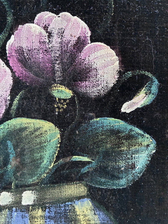 Image 1 of Vintage original velvet flower oil painting, pink flower still life art
