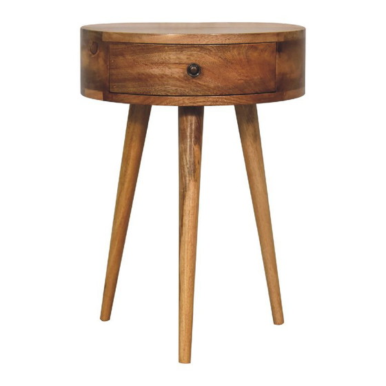 Mini Table de Nuit Ronde Aspect Chêne – Bois de Mangue Massif Avec Tiroir – Artisan, Tables de nuit, Wood (photo 3 of 10)