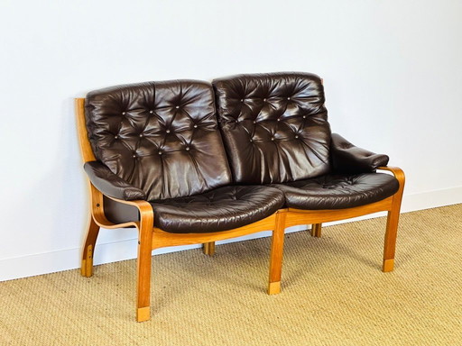 Scandinavische bank van teakhout en leer, 1960