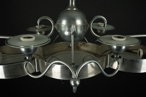 Image 1 of Lampadario italiano Art Déco in nichel, ottone e vetro satinato, anni '30.