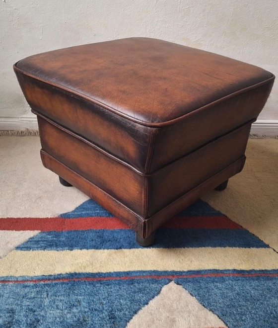 Pouf/ottoman vintage en cuir marron châtaigne – Poufs & repose-pieds, Leather (photo 9 of 11)