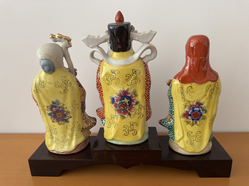 Statues de divinités chinoises en poterie d'époque "Fu Lu Shou"