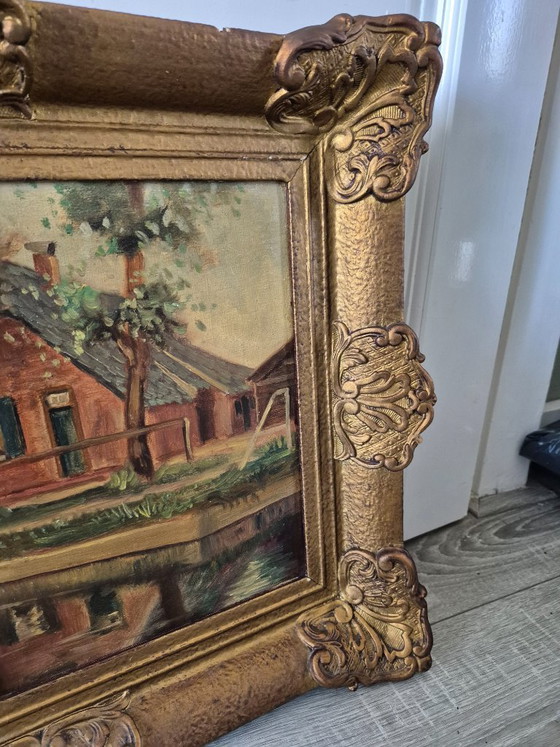 Image 1 of Antico dipinto paesaggistico olandese con canale e casa