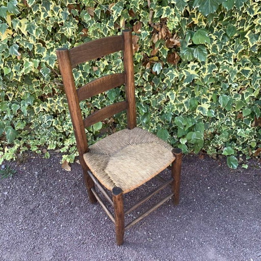 Ensemble de 4 chaises paillées artisanales en chêne massif