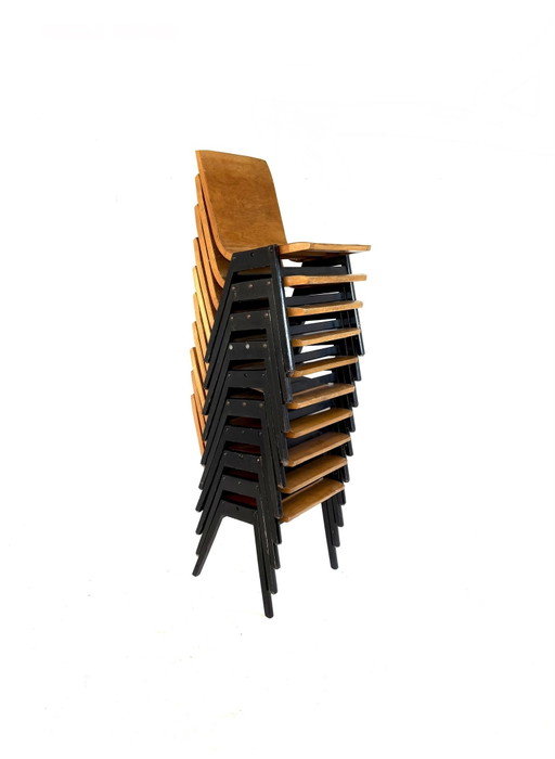 Lotto di 10 sedie impilabili in compensato, Roland Rainer '50 – eetkamerstoelen, Wood, Metal (photo 2 of 8)