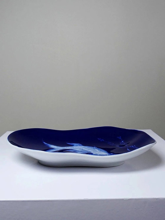 Vide-poche in porcellana smaltata blu di Limoges con design di pesce giapponese., Ciotole, Bianco, Vintage (foto 13 di 15)