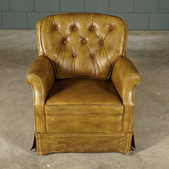 Image 1 of Fauteuil Chesterfield vintage – cuir vert – années 1970