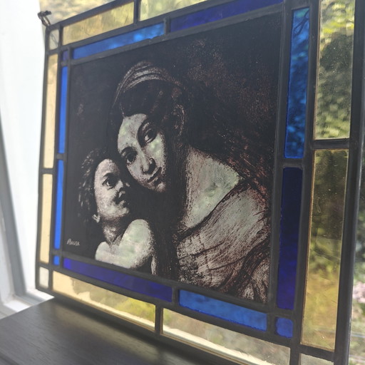Handgemaakt Glas-in-lood Paneel – Gesigneerd A. Bauer – Moeder Met Kind – glaskunst (photo 2 of 9)
