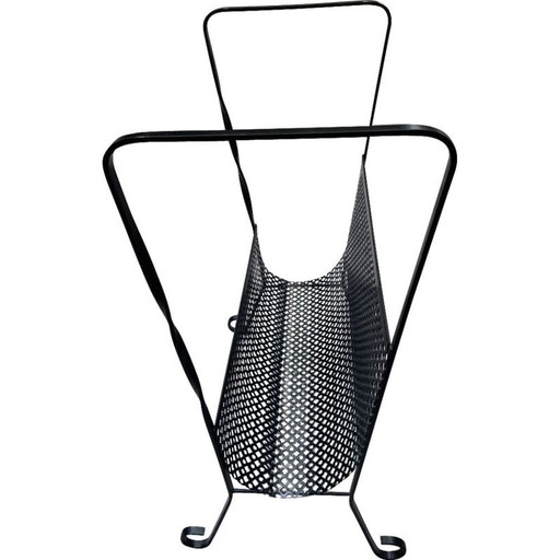 Vintage vinyl magazine rack, perforated metal and wrought iron by Mathieu Matégot, 1975