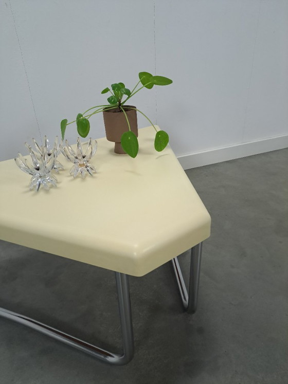 Image 1 of Space age triangular plastic table with chrome tubular frame legs