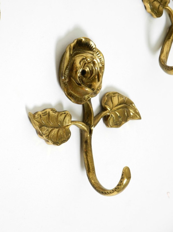 Image 1 of Set of five beautiful, solid mid-century brass rose wall coat hooks