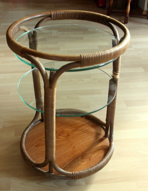 Round bar cart bamboo/rattan/wood - 3 tiers – decoratieve objecten, Glass, Vintage (photo 2 of 11)