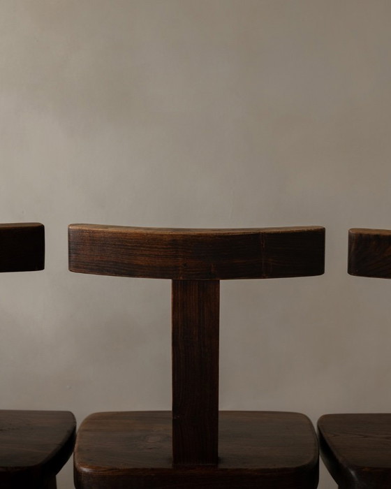 Image 1 of Set of 3 Vintage “T” Dining Chairs by Aranjou, France (c.1960s) – Stained Elm, Brutalist Sculptural