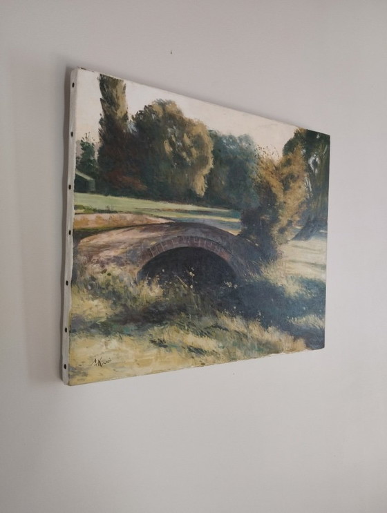 Image 1 of Old brick bridge in Normandy - Signed oil painting