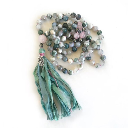 Mala For Emotional Balance - Yoga Prayer Beads - Agate & Rose Quartz - 108 Bead Mala Necklace - Sari Silk Tasse