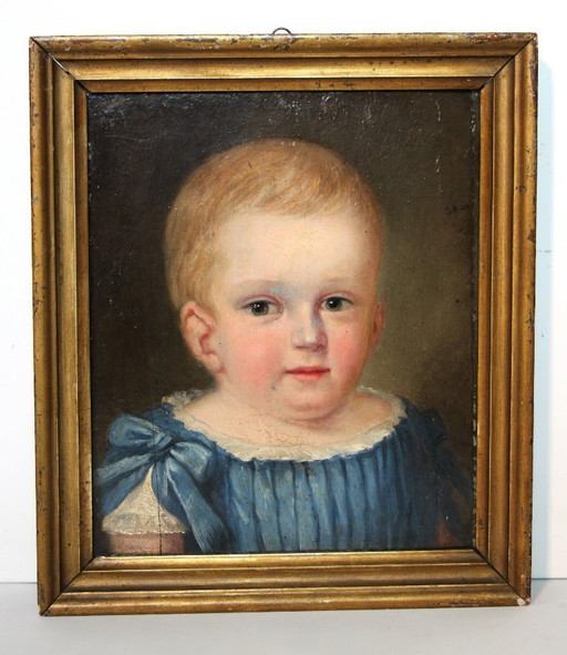Antico dipinto ad olio del XIX secolo raffigurante un bambino