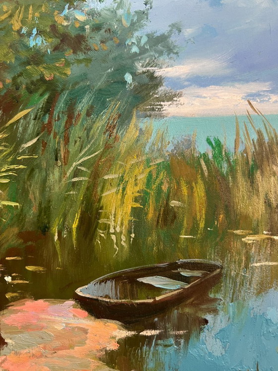 Image 1 of Dipinto ad olio originale, Paesaggio costiero estivo, giornata calda e soleggiata in riva al fiume.