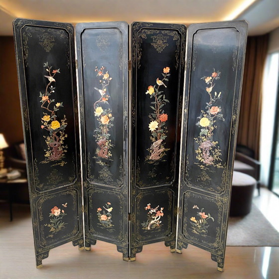Image 1 of Mid - Century Chinese Room Divider Speck Stone Hand Painted 1950s