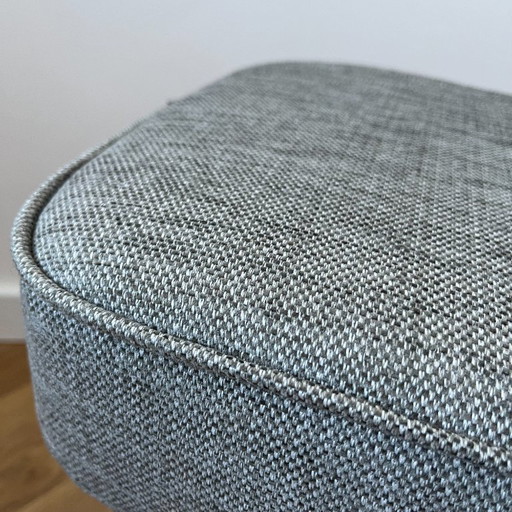 Vintage Polish Footstool: Mid Century Modern Grey Fabric, Wood Legs