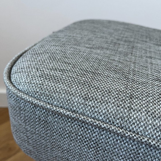 Image 1 of Vintage Polish Footstool: Mid Century Modern Grey Fabric, Wood Legs